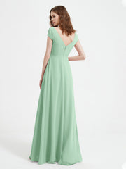 Robe de A-ligne en Mousseline à Col en V avec Fente Vert Menthe Grande Taille