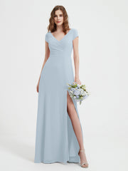 Robe de A-ligne en Mousseline à Col en V avec Fente Brume Grande Taille
