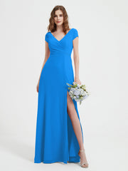 Robe de A-ligne en Mousseline à Col en V avec Fente Bleu Océan Grande Taille