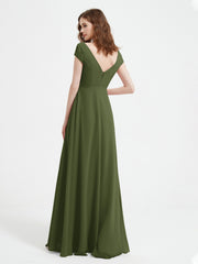 Robe de A-ligne en Mousseline à Col en V avec Fente Olive Verte Grande Taille