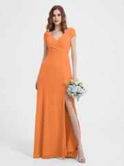 Robe de A-ligne en Mousseline à Col en V avec Fente Orange Grande Taille