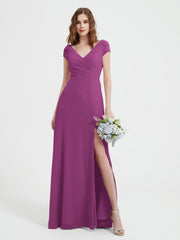 Robe de A-ligne en Mousseline à Col en V avec Fente Orchidee Grande Taille