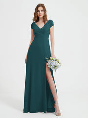 Robe de A-ligne en Mousseline à Col en V avec Fente Paon Grande Taille