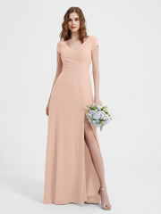 Robe de A-ligne en Mousseline à Col en V avec Fente Rose Perle
