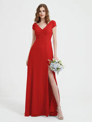 Robe de A-ligne en Mousseline à Col en V avec Fente Rouge