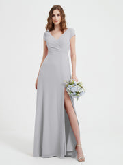 Robe de A-ligne en Mousseline à Col en V avec Fente Argent Grande Taille