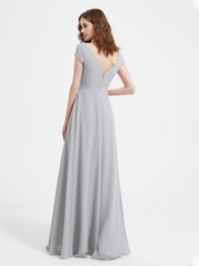 Robe de A-ligne en Mousseline à Col en V avec Fente Argent Grande Taille
