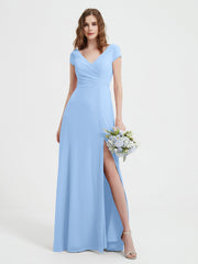 Robe de A-ligne en Mousseline à Col en V avec Fente Bleu Ciel Grande Taille