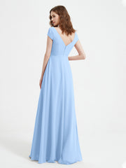 Robe de A-ligne en Mousseline à Col en V avec Fente Bleu Ciel Grande Taille