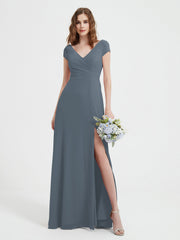 Robe de A-ligne en Mousseline à Col en V avec Fente Bleu de Schiste Grande Taille