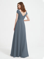 Robe de A-ligne en Mousseline à Col en V avec Fente Bleu de Schiste Grande Taille