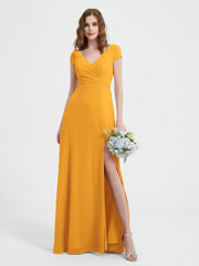 Robe de A-ligne en Mousseline à Col en V avec Fente Mandarine