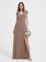 Robe de A-ligne en Mousseline à Col en V avec Fente Taupe Grande Taille
