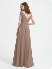Robe de A-ligne en Mousseline à Col en V avec Fente Taupe Grande Taille