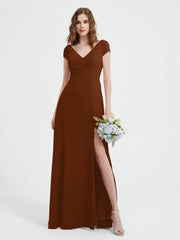 Robe de A-ligne en Mousseline à Col en V avec Fente Terracotta Grande Taille