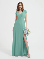 Robe de A-ligne en Mousseline à Col en V avec Fente Turquoise