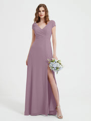 Robe de A-ligne en Mousseline à Col en V avec Fente Vintage Mauve Grande Taille