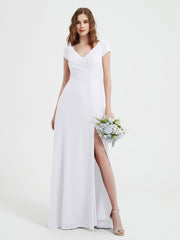 Robe de A-ligne en Mousseline à Col en V avec Fente Blanc