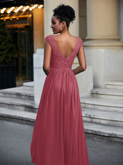 Robe Longue en Dentelle Et Mousseline avec Mancherons Cannelle Rose