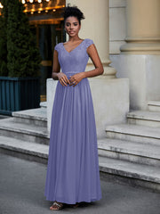 Robe Longue en Dentelle Et Mousseline avec Mancherons Pervenche Grande Taille