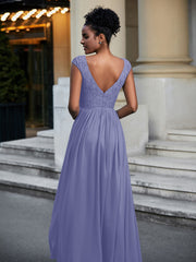 Robe Longue en Dentelle Et Mousseline avec Mancherons Pervenche Grande Taille
