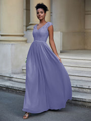 Robe Longue en Dentelle Et Mousseline avec Mancherons Pervenche Grande Taille