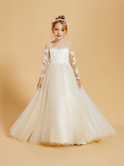 Robes de Fille Élégantes en Tulle avec Appliques en Dentelle et Accents de Boutons