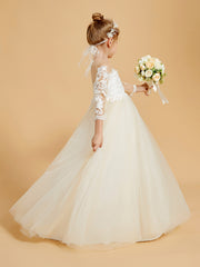 Robes de Fille Élégantes en Tulle avec Appliques en Dentelle et Accents de Boutons