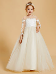 Robes de Fille Élégantes en Tulle avec Appliques en Dentelle et Accents de Boutons
