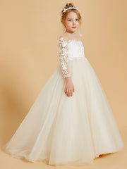 Robes de Fille Élégantes en Tulle avec Appliques en Dentelle et Accents de Boutons