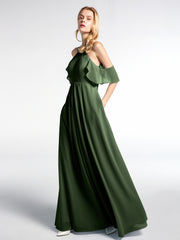 Robe Empire en Mousseline à Épaules Dénudées avec Poches Olive Verte Grande Taille