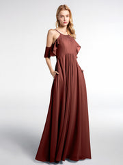 Robe Empire en Mousseline à Épaules Dénudées avec Poches terracotta