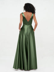 Robes Maxi Princesse à Col en V en Satin avec Poches Olive Verte Grande Taille