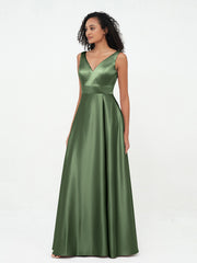 Robes Maxi Princesse à Col en V en Satin avec Poches Olive Verte