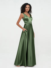 Robes Maxi Princesse à Col en V en Satin avec Poches Olive Verte