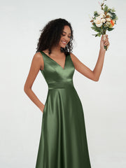 Robes Maxi Princesse à Col en V en Satin avec Poches Olive Verte Grande Taille