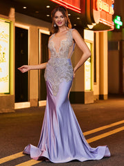 Robe de Soirée Sirène Luxueuse Ornée de Strass Lavande
