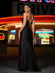 Robe de Soirée Sirène en Satin Bretelles à Spaghetti avec Traîne Balayage Noir