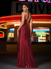 Robe de Soirée Sirène en Satin Bretelles à Spaghetti avec Traîne Balayage Bordeaux Grande Taille