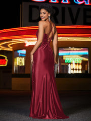 Robe de Soirée Sirène en Satin Bretelles à Spaghetti avec Traîne Balayage Cannelle Rose Grande Taille
