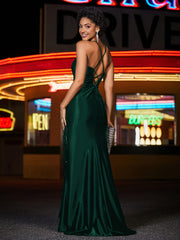 Robe de Soirée Sirène en Satin Bretelles à Spaghetti avec Traîne Balayage Vert Foncé Grande Taille