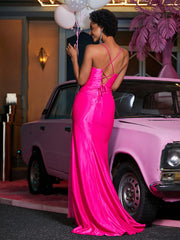 Robe de Soirée Sirène en Satin Bretelles à Spaghetti avec Traîne Balayage Rose Vif