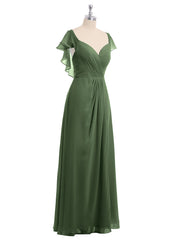 Mancherons Mousseline Robes De Demoiselle d'Honneur Avec Fente Olive Verte Grande Taille