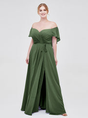 Mancherons Mousseline Robes De Demoiselle d'Honneur Avec Fente Olive Verte Grande Taille