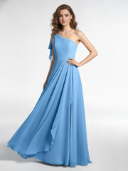 Robe Longue en Mousseline à Une Épaule avec Cascade Bleu
