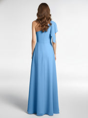 Robe Longue en Mousseline à Une Épaule avec Cascade Bleu