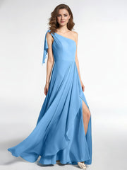 Robe Longue en Mousseline à Une Épaule avec Cascade Bleu