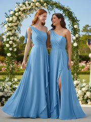 Robe Longue en Mousseline à Une Épaule avec Cascade Bleu