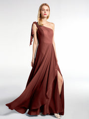 Robe Longue en Mousseline à Une Épaule avec Cascade terracotta Grande Taille