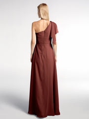 Robe Longue en Mousseline à Une Épaule avec Cascade terracotta Grande Taille